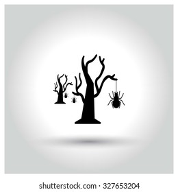 Halloween Tree and Spider Icon. Halloween pictogram elements collection.  simple minimal, flat, solid, mono, monochrome, plain, contemporary style. Vector illustration web internet design elements