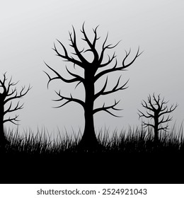 Halloween tree vector with grass. Horror tree black color. Happy Halloween tree design with pumpkins and grass. Ghost. Abstract Halloween equipment design