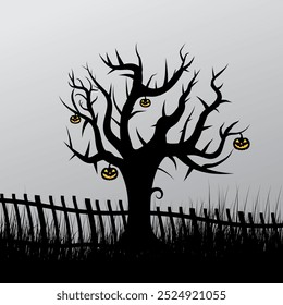 Vector de árbol de Halloween con hierba. Árbol del horror color negro. Diseño feliz del árbol de Halloween con las calabazas y la hierba. Fantasma. Abstractas diseño de equipos de Halloween