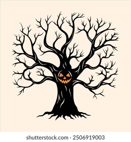 A Halloween tree vector illustration featuring a dark, twisted, and leafless tree with eerie, sprawling branches.