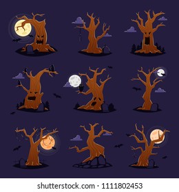 Halloween tree vector scary character treetops of horror in spooky forest illustration set of forestry wood or evil oak monster of nightmare isolated on background