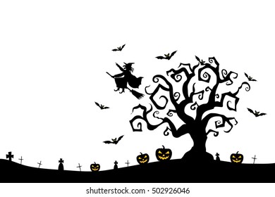 Halloween tree, witch, flying bats and glowing pumpkins on graveyard. Cover, card, invitation and poster template. Vector illustration