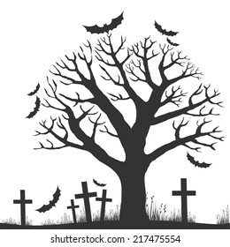 Halloween trees with bats isolated on White background. Vector illustration 