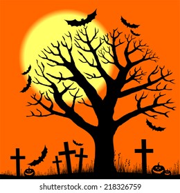 Halloween trees with bats and moon. Vector illustration 