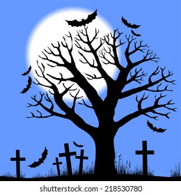 Halloween trees with bats and moon. Vector illustration 