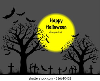 Halloween trees with bats and moon. Vector illustration 