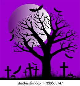 Halloween trees with bats and moon. Vector illustration 