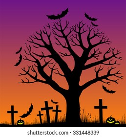 Halloween trees with bats and moon. Vector illustration 