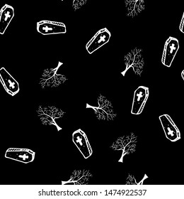 Halloween trees and coffins seamless outline pattern isolated on black background. Halloween trees and coffins seamless outline pattern in a hand-drawn style. October harvest background.