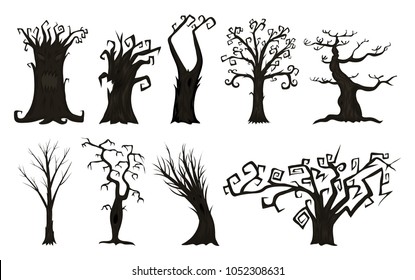 Halloween trees, creepy or scary and frightening branches. fabulous mythical or fantastic monsters. wooden creatures in the forest.