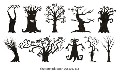 Halloween trees, creepy or scary and frightening branches. fabulous mythical or fantastic monsters. wooden creatures in the forest.