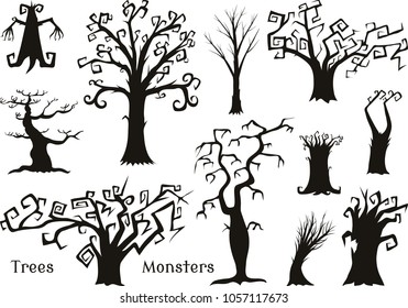 Halloween trees, creepy or scary and frightening branches. fabulous mythical or fantastic monsters. wooden creatures in the forest.