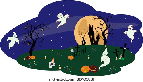Halloween trees, pumpkins, ghosts and dark house on full moon background, Halloween vector illustration with skulls and candles