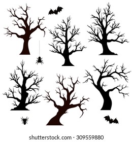 Halloween trees, spiders and bats on white background