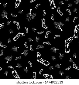 Halloween trees and tombstones seamless outline pattern isolated on black background. Halloween trees and tombstones seamless outline pattern in a hand-drawn style. October harvest background.