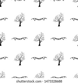 Halloween trees and vampire teeth seamless outline in a hand-drawn style. October harvest background. Vector freehand set