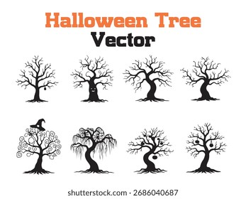 Árboles de Halloween con sombrero de bruja y siluetas de calabaza