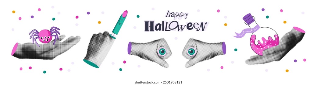 Halloween trendy art collage elements set. Halftone hands holding eyes, spider, witchcraft potion and witch finger. Modern retro vector illustration isolated on transparent background