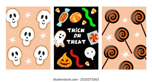 Halloween trendy cards set. Sweet treat for Halloween. Cute vector poster set for greeting card, flyer, banner.