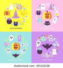 Halloween Trendy Concepts Set. Flat Design Vector Illustration. Trick or Treat Posters.