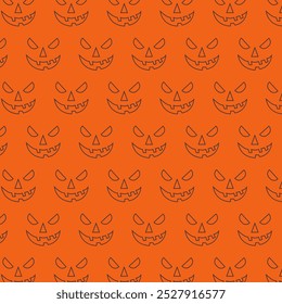 Halloween Trendy Jack O Lanterna Abóbora Creepy Face Padrão Em Um Estilo Plano. Ilustração de vetor assustadora para folheto, banner, cartaz, convite, decoração de festa de outubro, cartão postal.