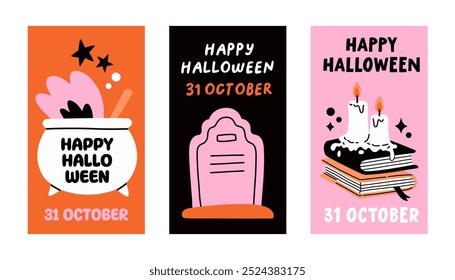 Halloween trendy poster set. Trendy flat style and funny characters. Cute vector poster set for postcard, flyer, banner