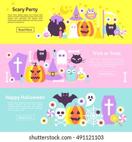 Halloween Trendy Web Horizontal Banners. Flat Style Vector Illustration for Website Header. Trick or Treat Objects.