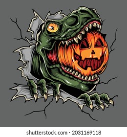 Halloween trex head eats halloween pumpkin and this design is perfect for Halloween night