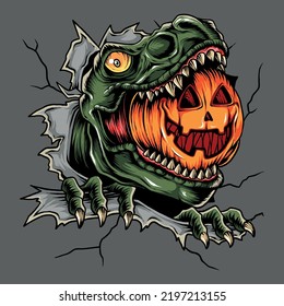 Halloween Trex Head Eats Halloween Pumpkin And This Design Is Perfect For Halloween Night Vector