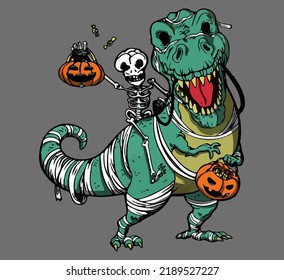 Halloween T-rex and skeleton holiday