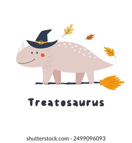 Halloween Triceratops Dinosaur Illustration, Spooky Dino on a Witch Broom.