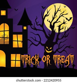 Halloween trick or treat background with castle scary tree and witch	