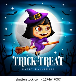 Halloween Trick or Treat Background and Cute Flying Witch Character on her Broom in the Midnight with Flying Bats. Vector