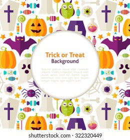 Halloween Trick or Treat Background. Flat Style Vector Illustration for Halloween Party Promotion Template. Colorful Objects for Advertising. Corporate Identity with Text