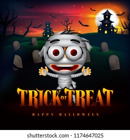 Halloween Trick or Treat Background and Funny Mummy Character in the Cemetery with Haunted House Illustration. Vector