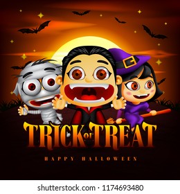 Halloween Trick or Treat Background with Funny Dracula, Mummy and Witch Character in the Midnight Illustration. Vector