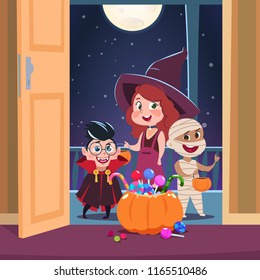 Halloween trick or treat background. Kids in halloween costumes with candies in doorway. Spooky october holliday vector concept. Illustration of holiday celebration, zombie and mummy