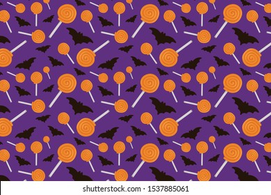 Halloween trick or treat background pattern with candy and bat