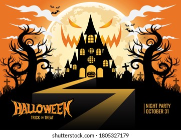 Halloween trick or treat background with silhouette castle, pumpkin, dead tree, bat, crosses in the graves and scary big moon. night party. October 31. vector illustration