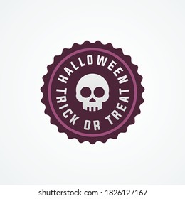 Halloween trick or treat badge, sign, sale banner, design concept, sticker with white text and a skull icon isolated on a light background. 