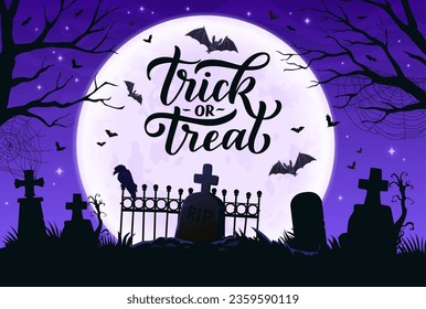 Halloween trick or treat banner with cemetery silhouette and tombstones, vector background. Halloween holiday greeting card with creepy ravens, bats and midnight moon on cemetery graveyard