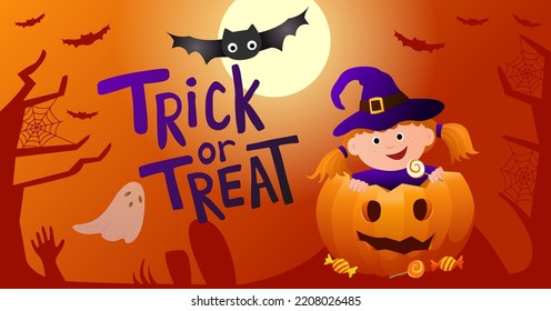 Halloween Trick Or Treat Banner Design. Banner For Social Media Post, Flyer Or Poster. Trick Or Treat With Cute Witch Girl, Candy, Pumpkin And Bats On Orange Background. Spooky Vector Illustration.