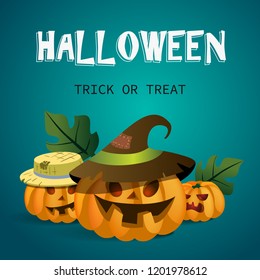 Halloween Trick or treat banner with funny carved pumpkins in hats and leaves on blue background. Realistic lettering can be used for invitations, signs, announcements