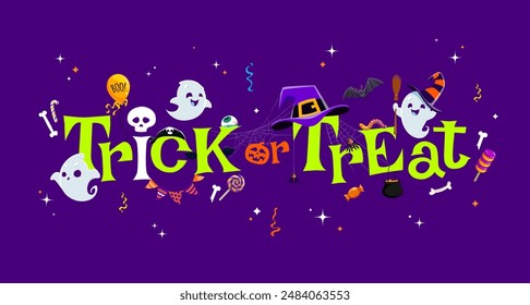 Halloween trick or treat banner with funny kawaii ghosts and candies. Vector holiday background with cute cartoon spirits in witch hats conjure magic. Lovely apparitions creating an enchanting sorcery