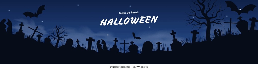 Halloween truque ou tratar banner com cemitério, morcegos, céu. Outono modelo de design de feriado estilo plano azul escuro, fundo preto. Ilustração vetorial