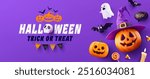 Halloween Trick or Treat banner with Pumpkin, Ghost, Bats, Skull, Witch Hat and spooky Halloween decorations on a purple background.Perfect for a Halloween banner or poster