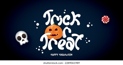 Halloween Trick or Treat banner with pumpkin, skull and many at spooky background. Vector illustration for sale, voucher, party invitation, kids, greeting card, discount, website, social media, poster