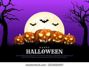 Truco o trato de Halloween Anuncio con calabaza, fantasma, murciélagos y espeluznantes decoraciones de Halloween de fondo. Perfecto para un Anuncio o cartel de Halloween