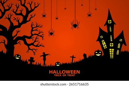 Halloween Trick or Treat Banner with Pumpkins, e as decorações assustadoras de Halloween no fundo. Perfeito para banner ou cartaz de Halloween.