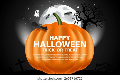 Halloween Trick or Treat Banner with Pumpkins, e as decorações assustadoras de Halloween no fundo. Perfeito para banner ou cartaz de Halloween.